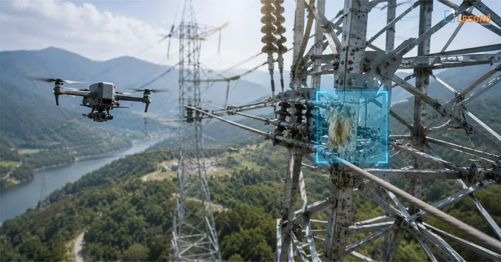 Drone performing close-range inspection of power transmission tower with AI defect detection overlay in India