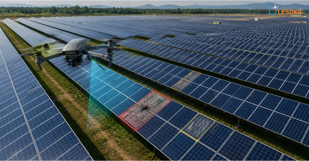 Drone scanning solar farm panels with thermal imaging to detect defects during aerial mapping inspection in India