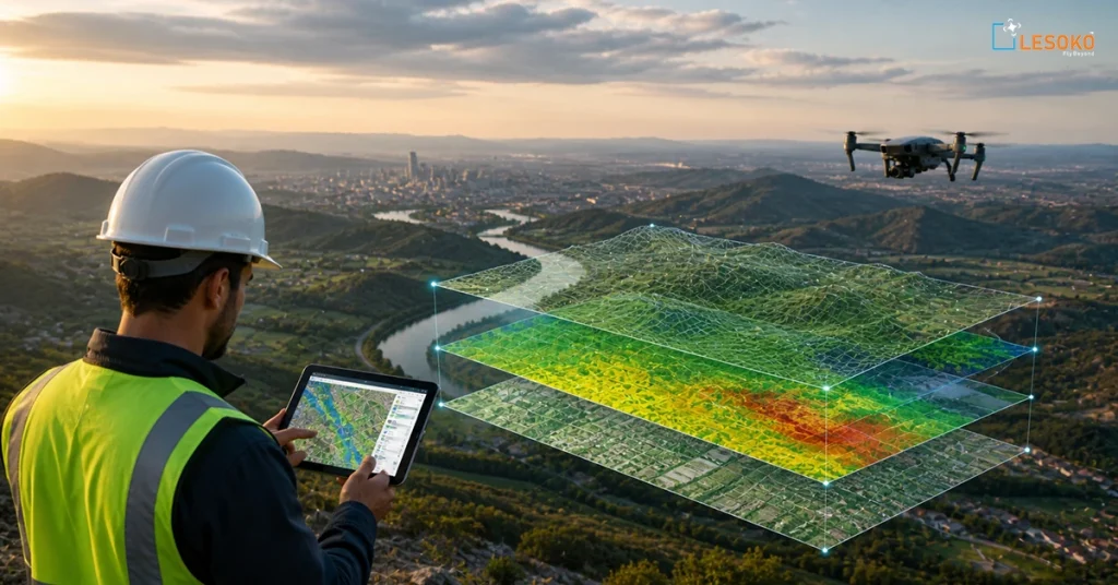 Geospatial Solutions in India: The 2026 Expert Guide 2 Field engineer in safety vest reviewing drone survey and GIS mapping data on a tablet at an Geospatial Solutions