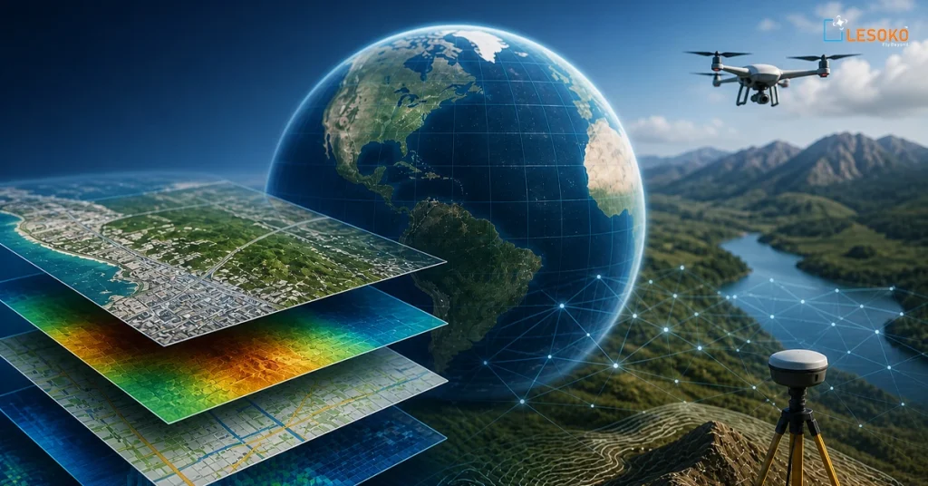 Geospatial Solutions in India: The 2026 Expert Guide 1 Globe with layered satellite GIS maps, commercial survey drone, and RTK GNSS equipment for geospatial surveys
