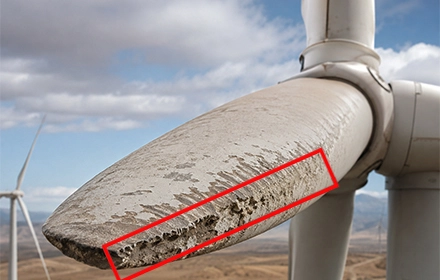 Close-up of severe erosion on wind turbine blade tip detected during UAV drone inspection in India, with red box highlighting damaged surface area
