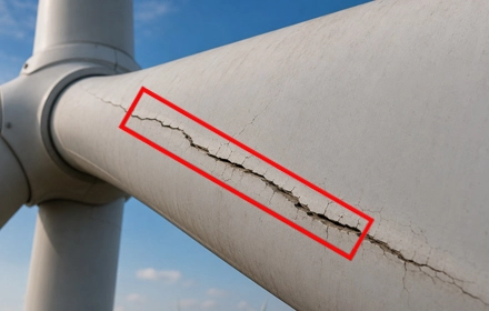 Close-up drone photograph of structural surface cracks on wind turbine blade near hub, with red bounding box highlighting crack pattern during inspection in India