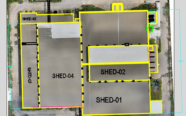 2D orthomosaic rooftop plan of industrial complex with five sheds demarcated by yellow boundary lines and labeled