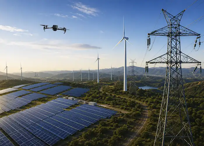 Aerial view of ground-mount solar farm, wind turbines, and transmission tower with drone visible in upper frame at golden hour of Drone Inspection Services India
