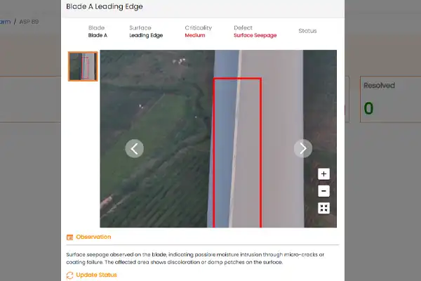 Inspection report showing surface seepage on wind turbine blade A leading edge, Medium criticality, red annotation marking affected zone over aerial view
