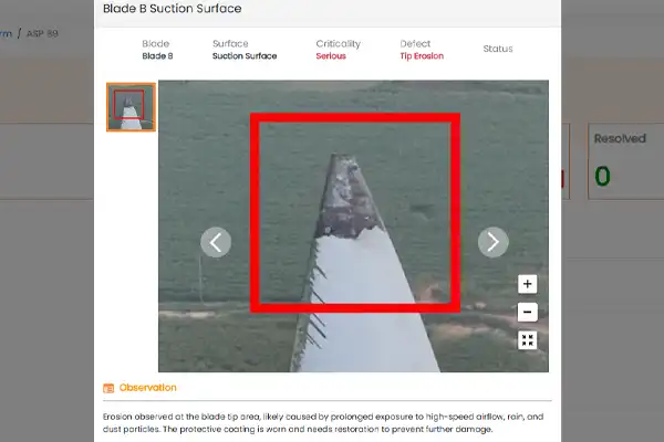 Inspection report showing serious tip erosion on wind turbine blade B suction surface, defect area marked with red rectangle, green landscape below