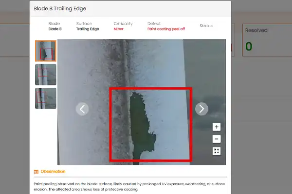 Inspection report showing paint coating peel-off on wind turbine blade B trailing edge, criticality Minor, defect annotated with red rectangle