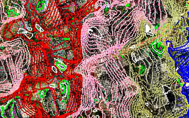 False-color multispectral composite showing rooftop structures with white boundary annotations across a surveyed area