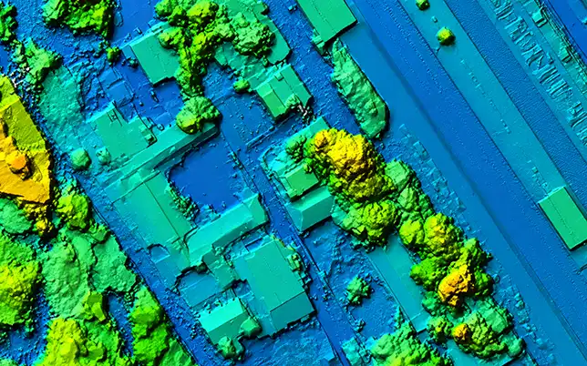 False-color DSM showing building rooftops and tree canopy elevation for solar rooftop survey site analysis