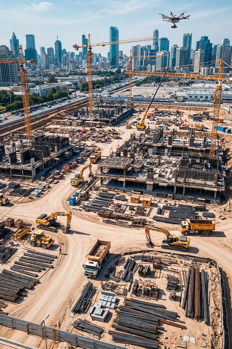 Multi-rotor drone flying over active construction site with tower cranes, excavators, and city skyline during aerial progress survey