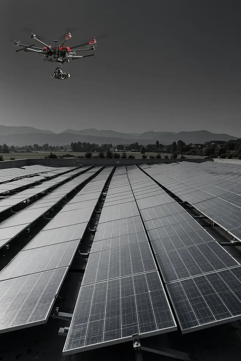 Professional eight-rotor drone with camera hovering above solar panel rows against dark overcast sky