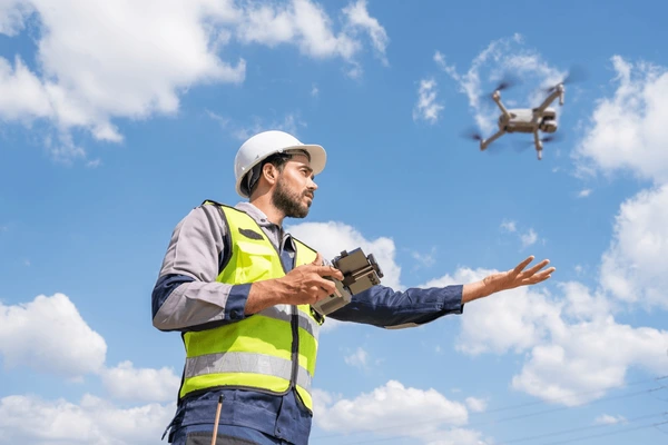 Engineer in hi-vis vest and hard hat operating drone remote controller outdoors with quadcopter airborne