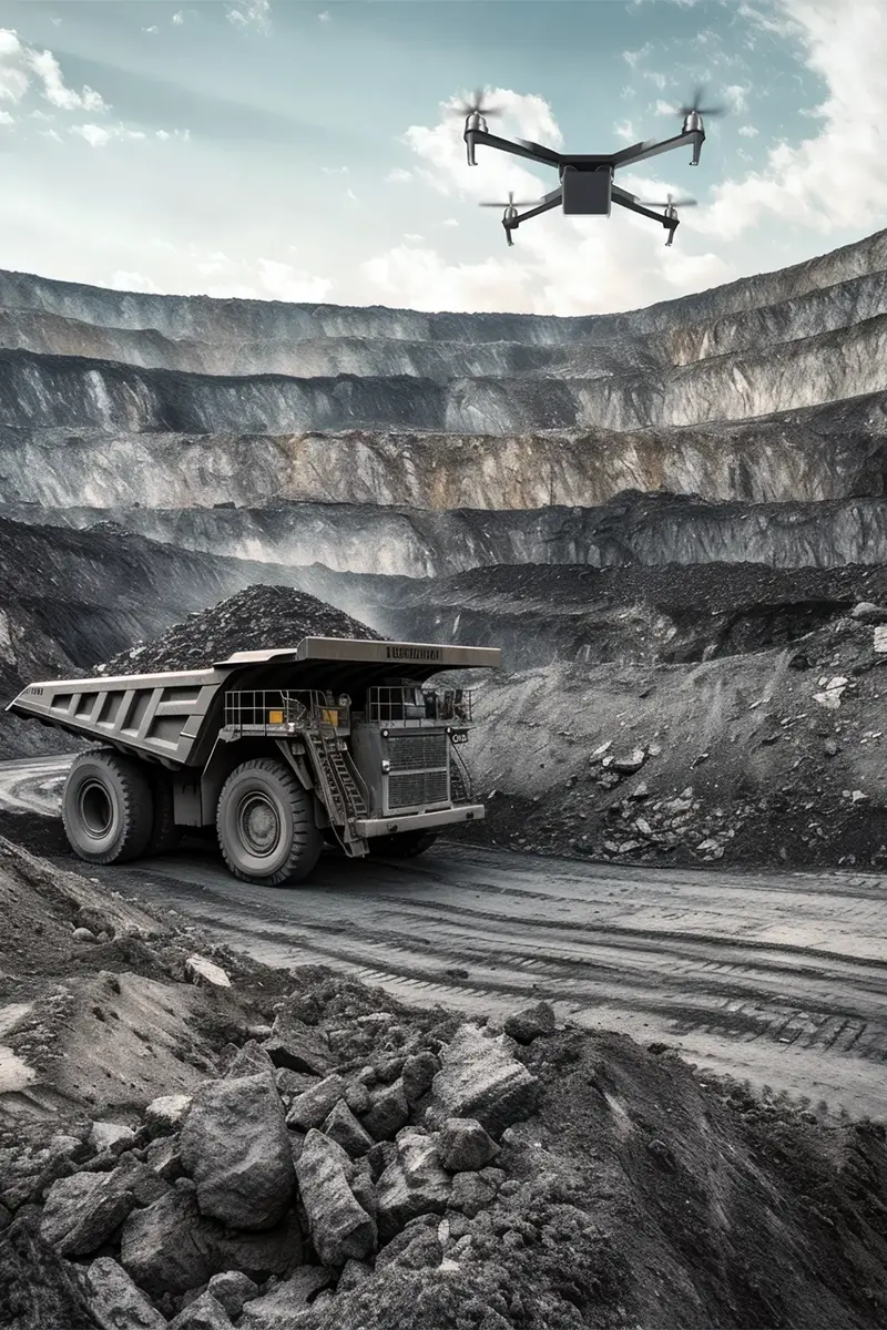 Quadcopter drone monitoring haul truck operations inside a stepped open-pit mine with layered rock-face benches