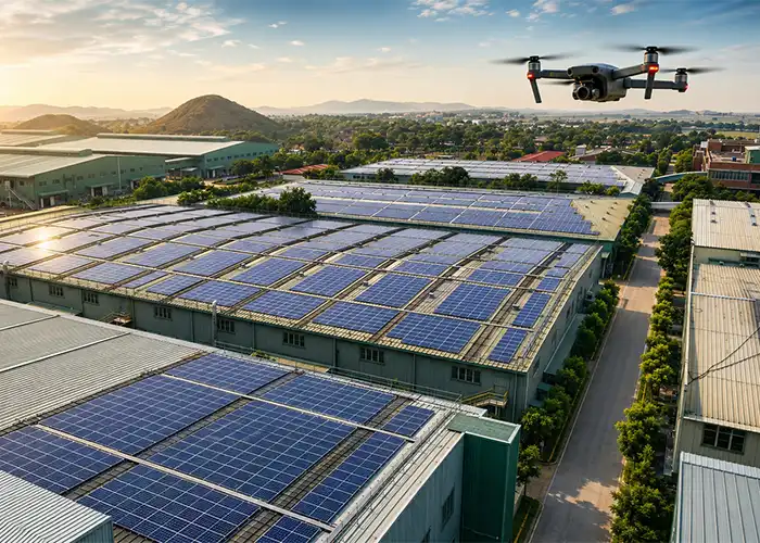 Drone flying over industrial rooftop solar panels during inspection at dusk with buildings and hills in background