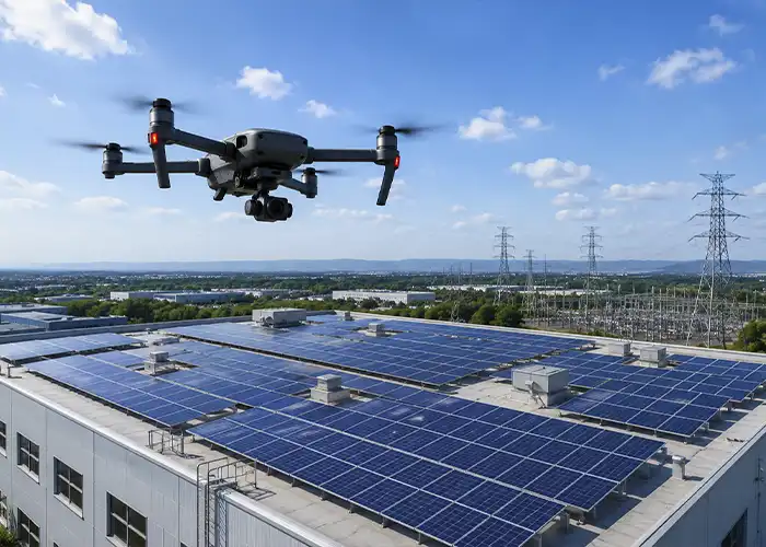 Inspection drone above commercial rooftop solar installation, transmission pylons and electrical substation visible in background