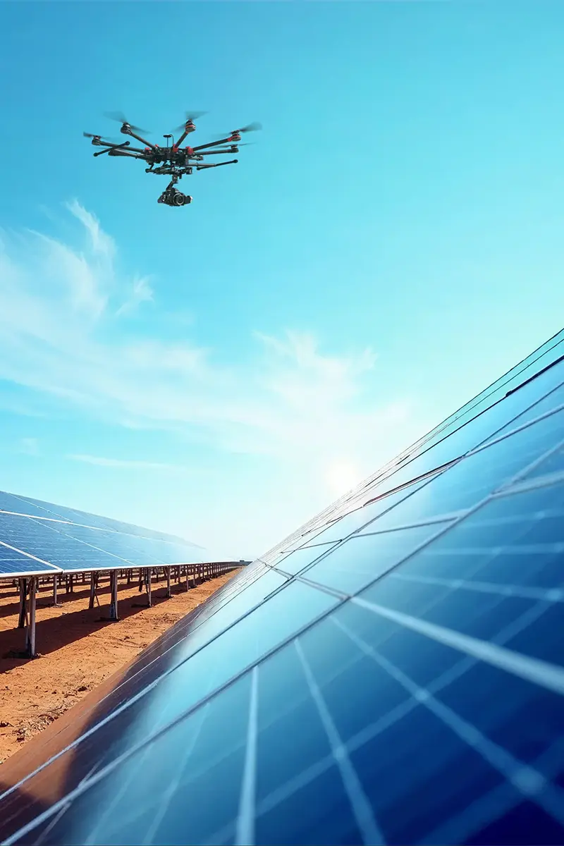 Professional octocopter drone with camera flying over ground-mount solar farm on arid red sandy terrain under blue sky