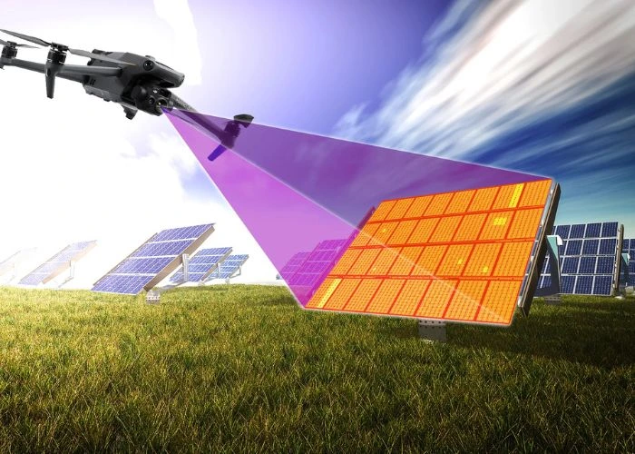 Illustrated drone projecting thermal beam onto single solar panel showing orange cell-level heat pattern overlay