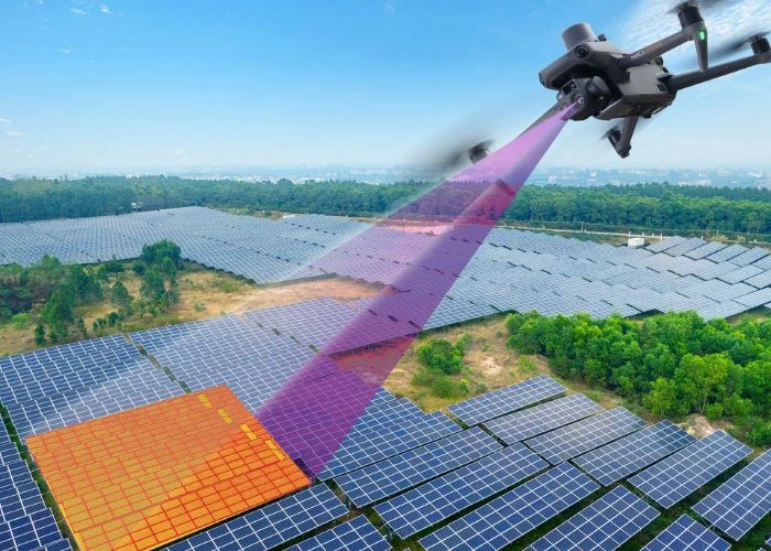 Illustrated drone projecting thermal scanning beam over utility-scale solar farm with thermal overlay on panel section