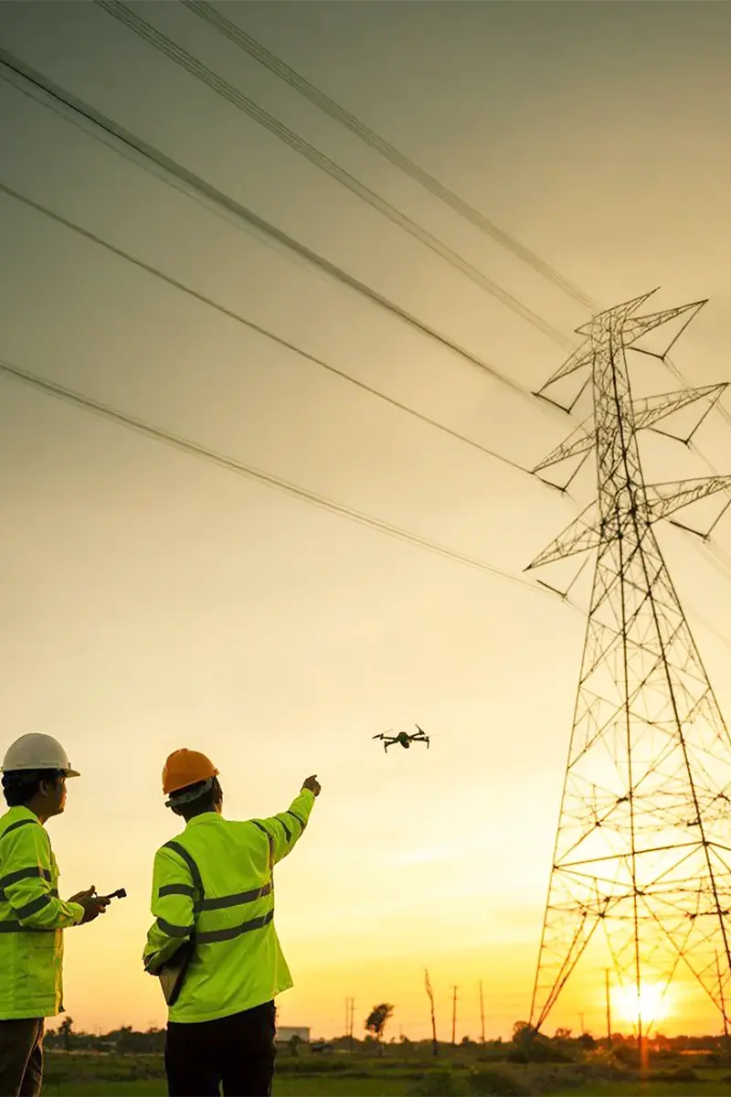 Two engineers in high-vis jackets directing drone inspection near high-voltage transmission tower at sunset