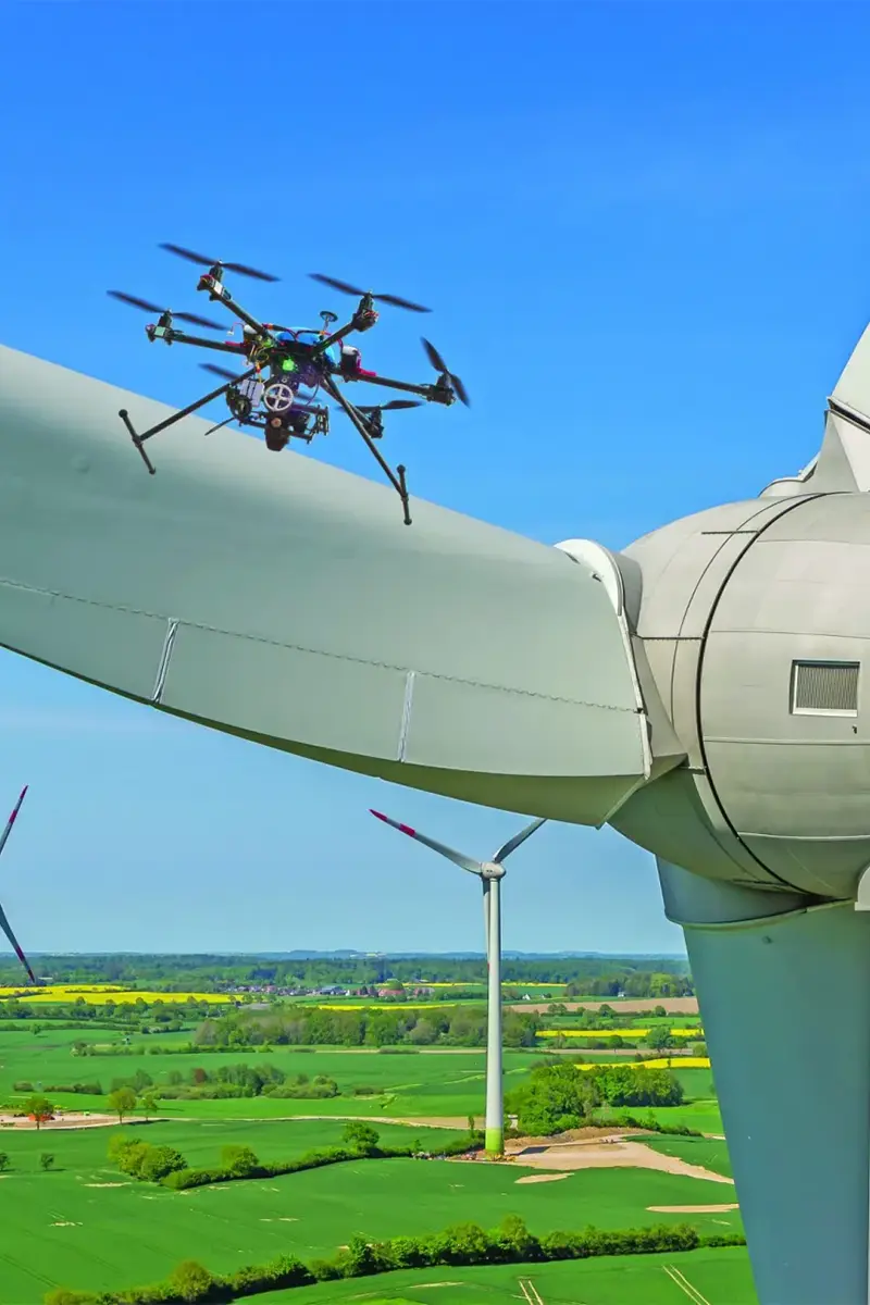 Octocopter drone hovering above wind turbine blade near hub for close-range surface inspection with second turbine in background