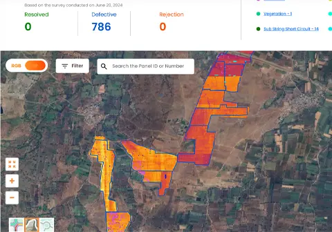 Inspection platform screenshot showing geo-tagged defect map with 786 defective panels marked across 67MW solar site