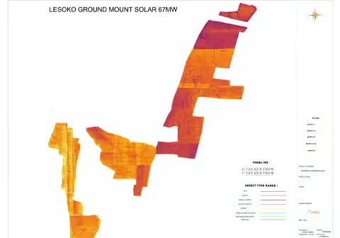 Printed inspection defect map for Lesoko 67MW solar site with thermal colour zones, panel reference legend and GPS data