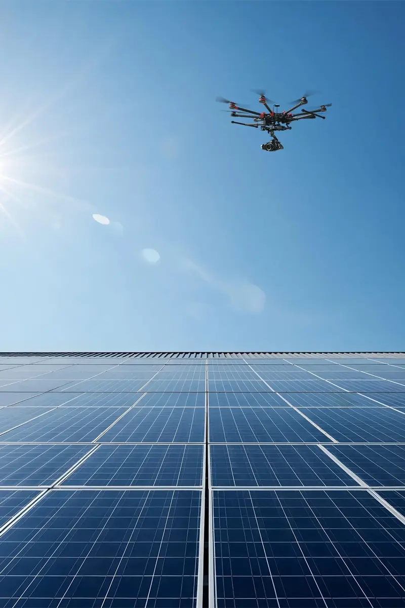 Professional eight-rotor drone with camera gimbal flying above rooftop solar panels against bright blue sunny sky
