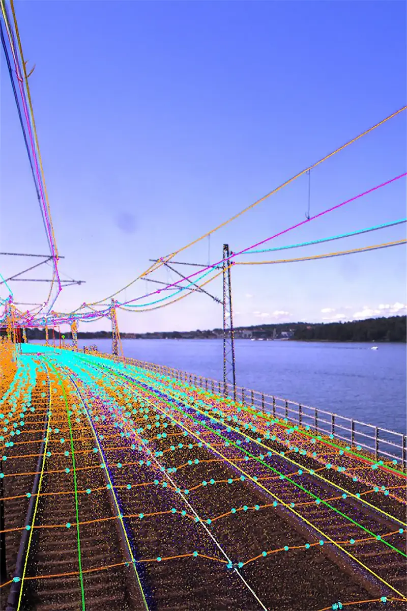 LiDAR point cloud overlay on railway corridor showing colour-classified catenary wires, track ballast, and mast structures alongside waterway