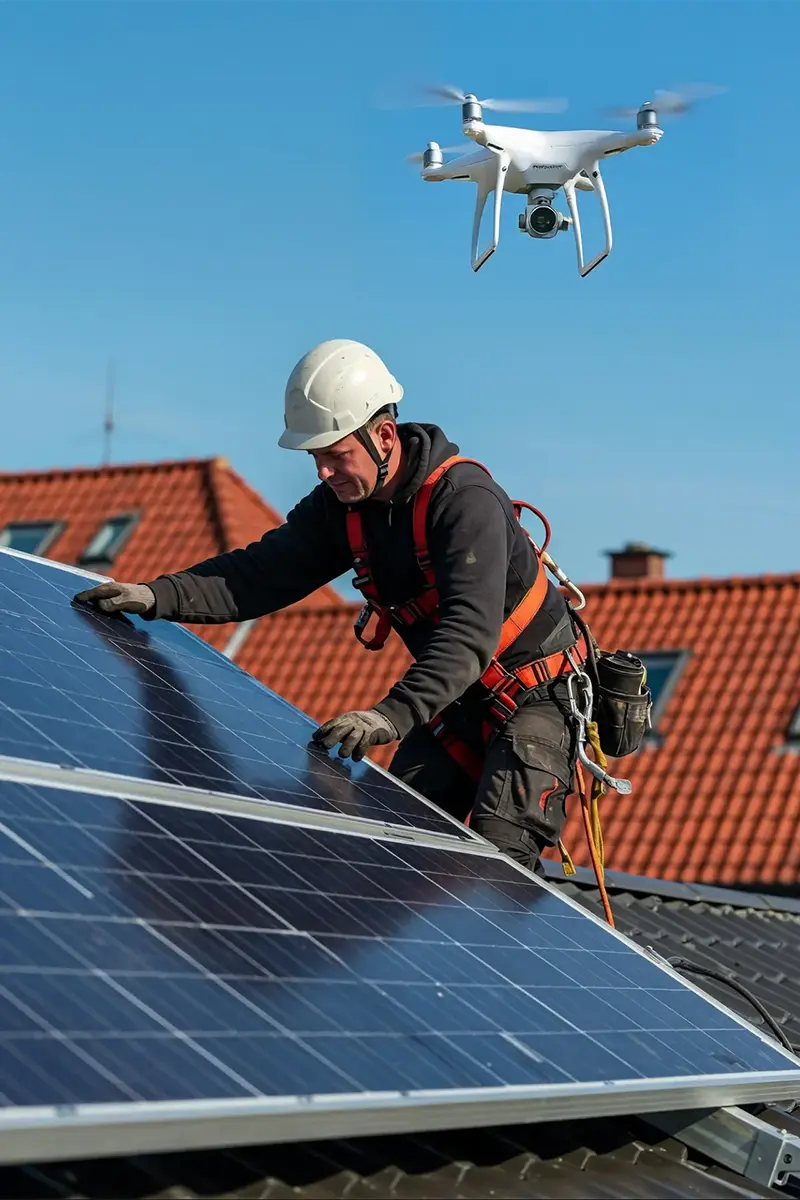 Safety-harnessed worker on rooftop inspecting solar panel with white drone hovering overhead against blue sky