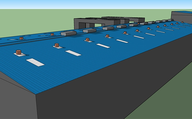 3D SketchUp rooftop model mapping ventilators, skylights, and parapets as obstructions before solar panel layout