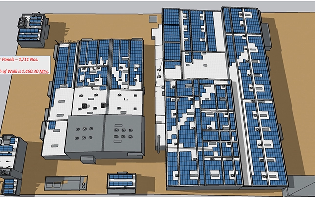 SketchUp 3D rooftop model showing 1,711 solar panels laid out across multiple sections with walk distance annotation