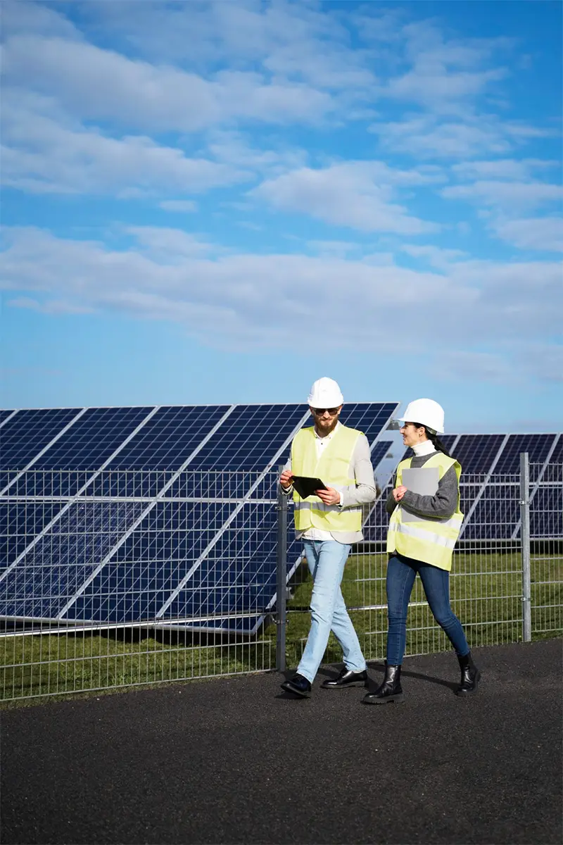 Two engineers in hi-vis vests walking ground-mount solar farm rows, one holding tablet during site inspection