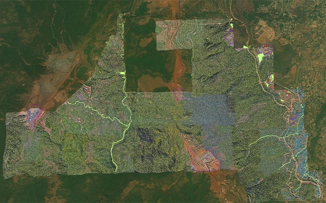 Topolayout annotation on forested terrain orthomosaic showing route lines, zone classifications, drainage paths, and land use boundaries