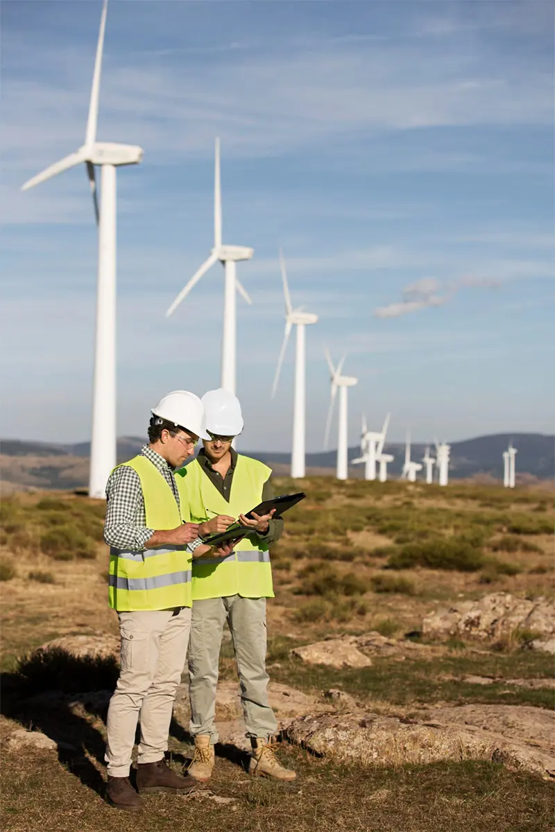 Two engineers in high-vis vests reviewing documents at wind farm site with row of turbines extending into background