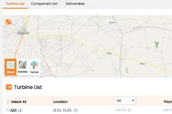 Inspection software dashboard showing turbine list with GPS coordinates and map view with turbine location markers, ASP-1 entry visible