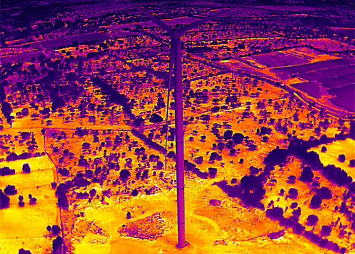 Wide thermal aerial image of wind turbine tower over agricultural landscape in infrared false-colour palette