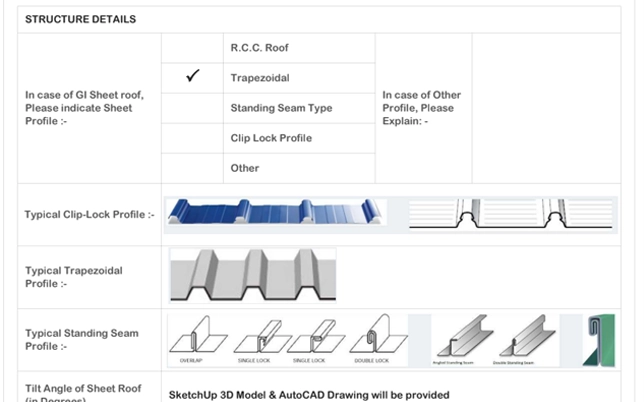 Rooftop survey report showing roof profile checklist and diagrams of clip-lock, trapezoidal, standing seam sheet types