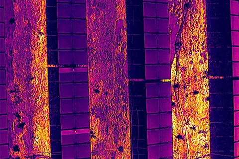 Thermal image of solar panel string glowing uniformly orange, indicating bypass diode failure