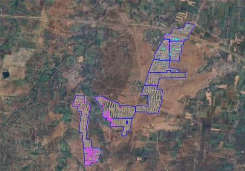 Georeferenced satellite map showing traced solar site block boundaries for survey reference