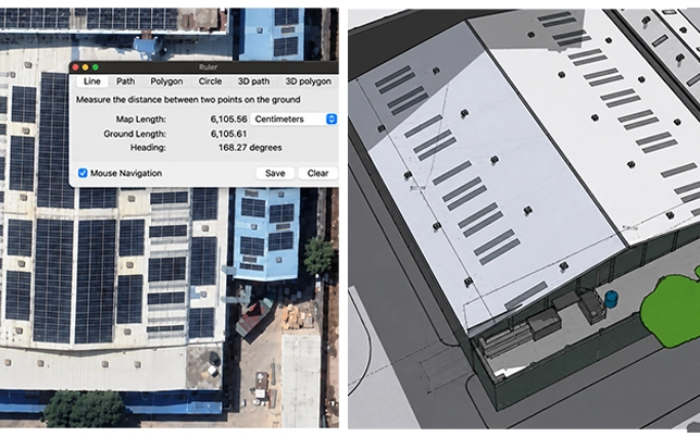 Google Earth ruler tool measuring rooftop solar panel array distance and heading for survey planning