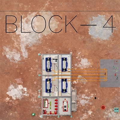 Schematic diagram labeled Block 4 showing inverter skid layout with cable connections to control box